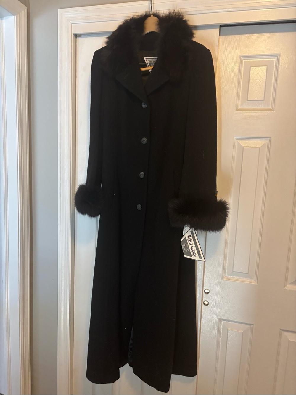 100% Lambswool Black Coat with Fur Cuffs (dyed fox fur)